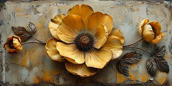 Fototapeta Yellow poppy flowers with golden leaves are painted on a grunge background. 3d illustration.