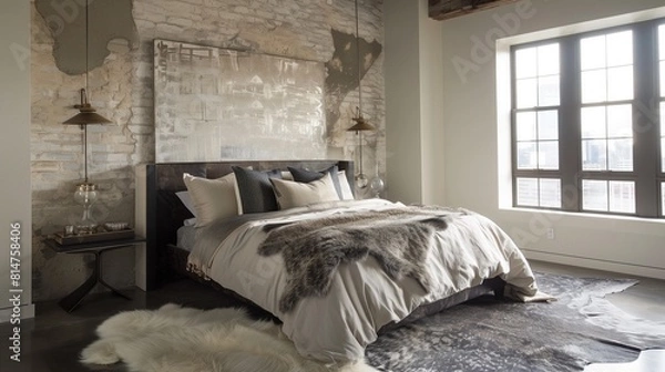 Obraz A contemporary bedroom with a statement-making headboard and a fur rug