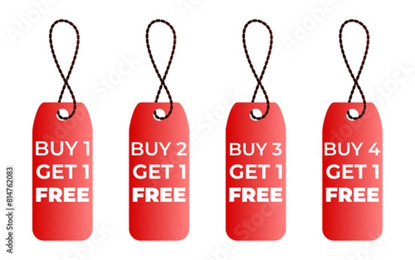 Fototapeta buy 1 get one free buy 2 get one free buy 3 get 1 free buy 4 get one free red label or price tag on white background.