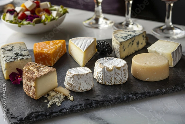 Fototapeta An enticing selection of gourmet cheeses arranged artfully on a slate platter, showcasing a variety of textures, flavors, and colors. 