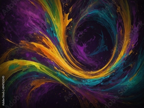 Fototapeta Vibrant swirl of colors dominates image, creating mesmerizing visual effect. Dynamic interplay of yellow, purple, green, blue hues forms abstract representation reminiscent of cosmic event.