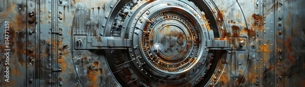 Fototapeta An artistic interpretation of a massive steel vault door with a blockchain pattern, emphasizing security