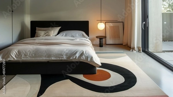 Fototapeta A contemporary bedroom with a minimalist, abstract rug and a sleek, designer lamp