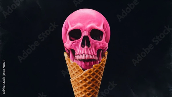 Fototapeta Pink Skull in a Waffle Cone: Artistic Attraction of Death and Sweets