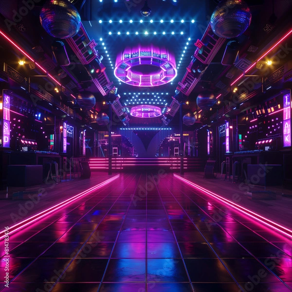 Fototapeta The empty club is filled with neon lights and has a dance floor
