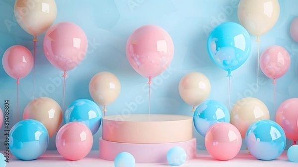 Fototapeta A cute pastel blue, pink and cream colored podium with a backdrop of balloons in the same colors.
