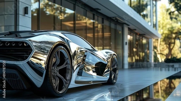 Fototapeta A sleek sports car with a liquid chrome finish parked in front of a modern glass building