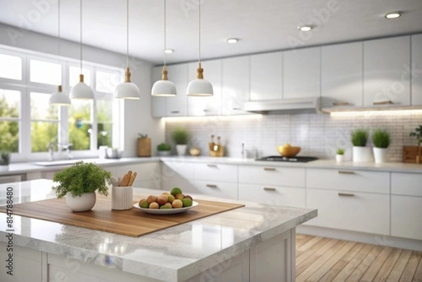 Fototapeta Modern luxury white kitchen tabletop with decors and copy space for montage your product display over blurred modern kitchen space in the background. 