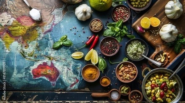 Fototapeta A map of the world covered with a variety of food items, showcasing global cuisine diversity.