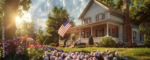 Obraz An American flag waving proudly in front of a traditional suburban house decorated for the 4th of July