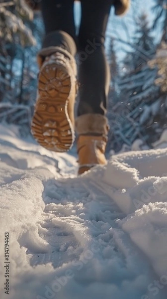Obraz The snow crunches under her boots as she walks, leaving a trail of footprints behind her 8K , high-resolution, ultra HD,up32K HD