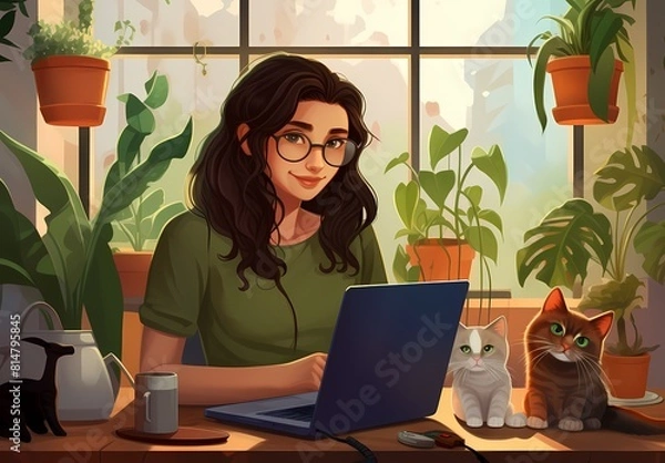 Obraz Woman working on laptop at home with cat and plants in the background