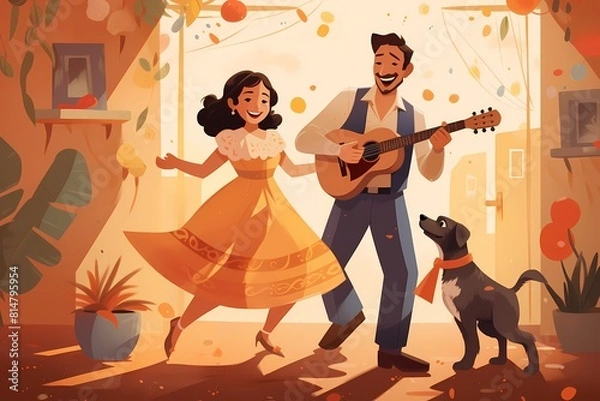 Obraz Happy couple in love playing guitar and dancing in the cafe