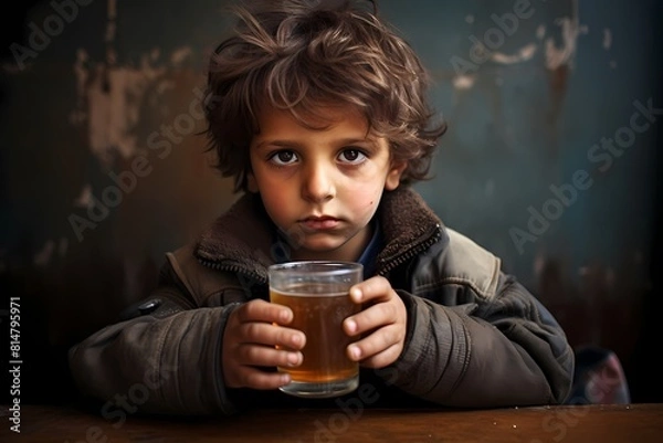 Obraz Little boy with a glass jar of water on a dark background