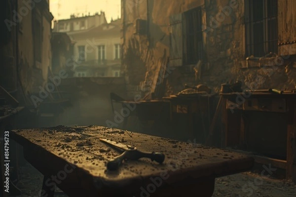 Obraz Craftsman workshop at the end of the day, Mystic light filters through a dusty workshop with an aged worktable covered in metal tools; a haunting stillness pervades this space of creation.