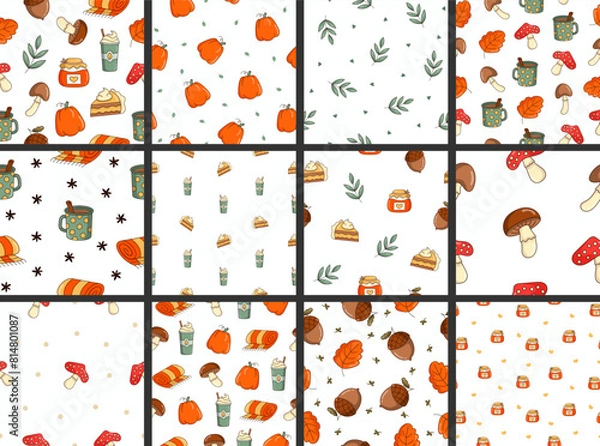 Fototapeta Autumn object mushroom cup of coffee leaf acorn jar cake pumpkin plaid. Seamless pattern. Season time of year. Vector drawing. Collection of design ornaments.