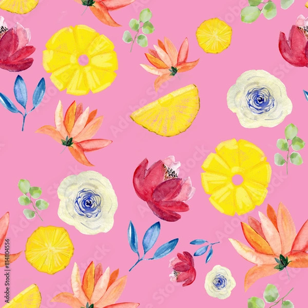 Fototapeta Fruits and flowers. Hand drawn watercolor seamless pattern. 