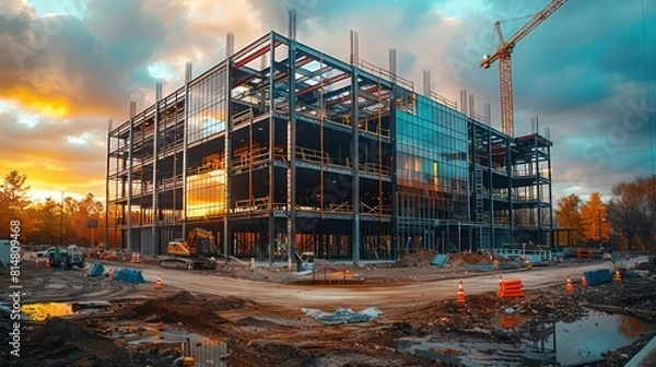 Obraz Construction site with crane lifting steel beams into place It shows the skeleton of the new building.