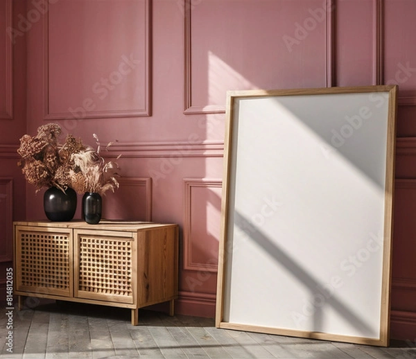 Fototapeta Mockup frame stands upright against a vintage pink wall in a modern living room, 3d render     