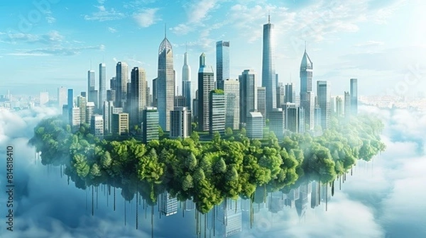 Fototapeta Cybernetic cityscape with floating buildings