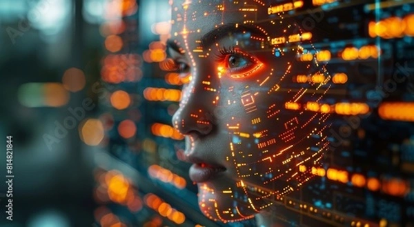 Fototapeta Futuristic AI robot head hologram with glowing electronic circuit design