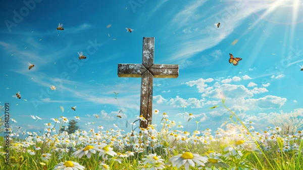 Fototapeta A Christian cross in a field of blooming daisies under a spring blue sky, with bees and butterflies fluttering around, symbolizing life and resurrection.
