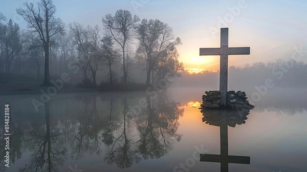 Fototapeta A Christian cross at the edge of a reflective lake during a foggy sunrise, with the cross and the surrounding trees enveloped in a soft, ethereal mist.