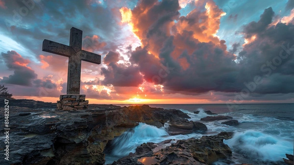 Fototapeta A Christian cross perched on a rocky coastline, brightly lit by the last rays of a setting sun with dramatic clouds overhead and the ocean waves crashing below.