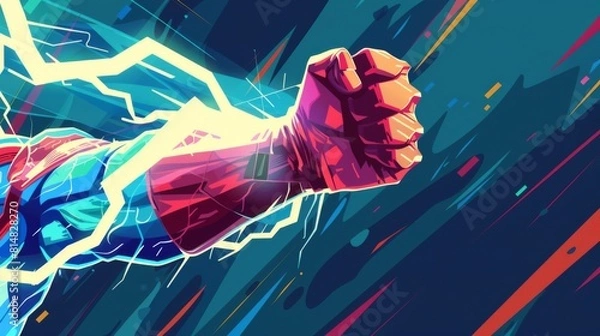 Obraz Superhero Superman charges lightning bolts in his fist, ready for action