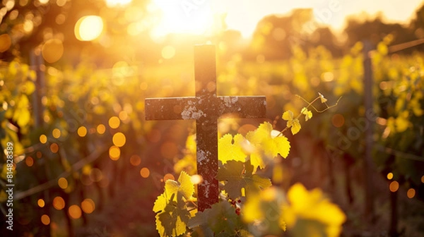 Fototapeta A Christian cross in a vineyard at sunset, with the backlighting from the sun casting a golden bokeh through the rows of vines, symbolizing growth and the divine.