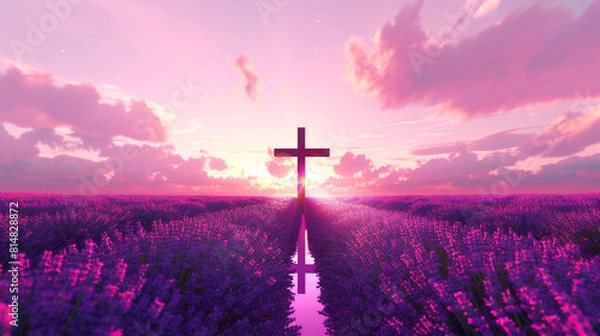 Fototapeta A Christian cross at the center of a lavender field during sunset, with the sky transitioning from pink to purple, reflecting the colors of the field and illuminating the cross from behind.