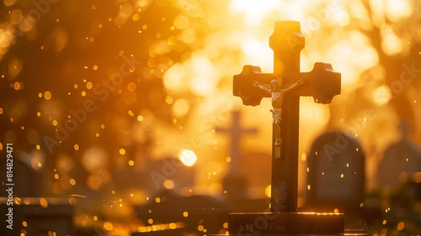 Fototapeta A Christian cross at a cemetery with the early morning sun creating a serene golden bokeh effect through the mist, adding a layer of peace and solemnity to the scene.