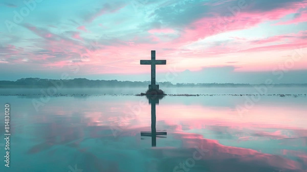 Fototapeta A Christian cross at the edge of a tranquil lake, with the early morning sky painted in soft pastel hues, reflecting off the water and framing the cross in a serene light.