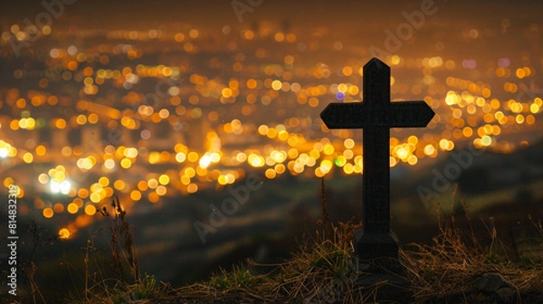 Fototapeta A Christian cross in the foreground of a hilltop view of a city at night, where the city lights blur into a mesmerizing golden bokeh, juxtaposing urban life and spiritual symbolism.