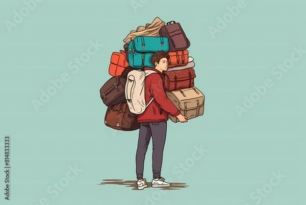 Obraz Young man with a lot of suitcases