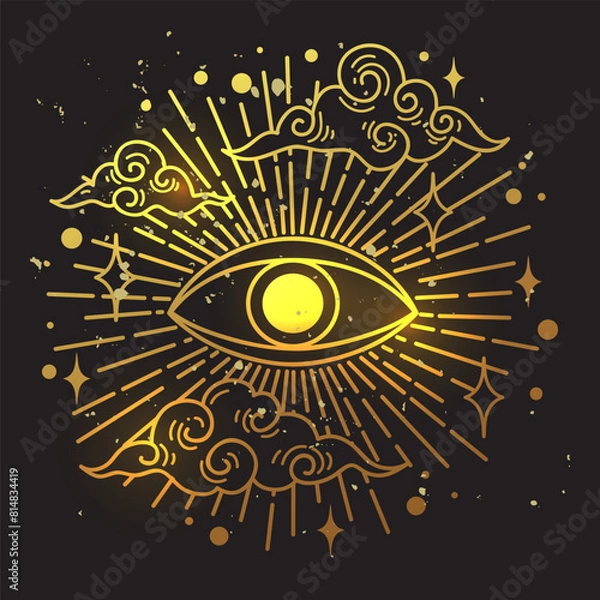 Fototapeta Evil eye gold. Eye of Providence. Lineart Vector illustration. Magic witchcraft symbol. Masonic symbol. Hand drawn logo or emblem