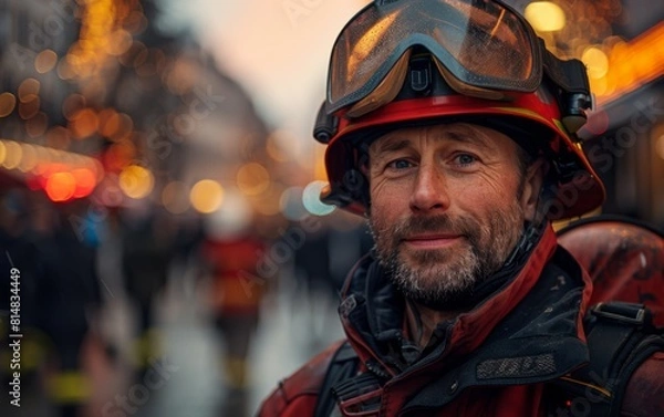 Fototapeta A man in a red fireman's hat and goggles is smiling. He is wearing a red jacket and a backpack