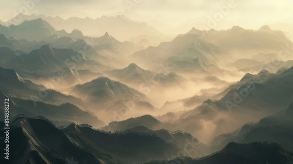 Fototapeta Misty mountains shrouded in light create serenity