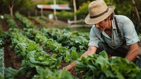 Fototapeta farmer tending to rows of leafy greens in a garden, cultivating nutritious vegetables for the health-conscious consumer.