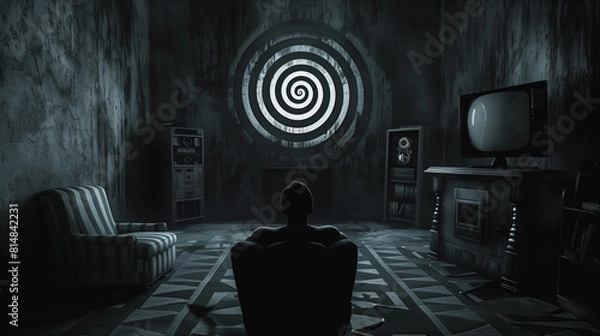 Fototapeta dark room with a silhouette of a person sitting and watching TV displays a hypnotizing spiral.