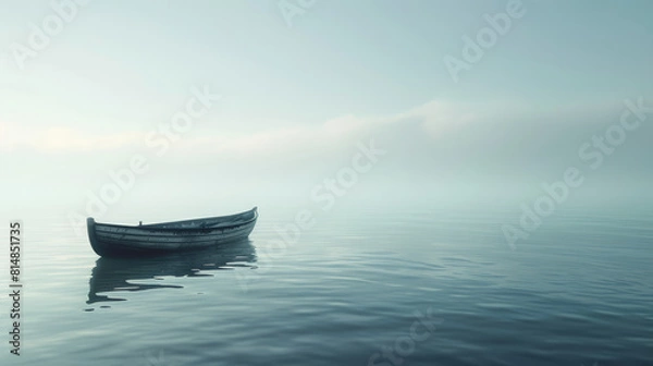 Obraz A calm ocean during early morning, mist hovering over the surface. A lone boat floats gently, peaceful and isolated. 