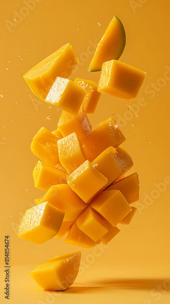Obraz  levitating mango cutted pieces, separated, bright paste color background, professional studio photography, hyperrealistic, minimalism, negative space, high detailed, sharp focus