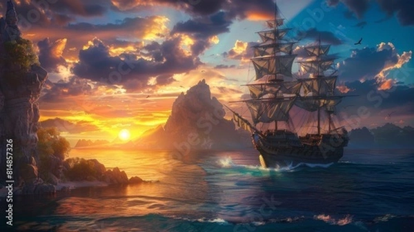 Fototapeta Pirate Ship Anchored in a Scenic Nautical Harbor