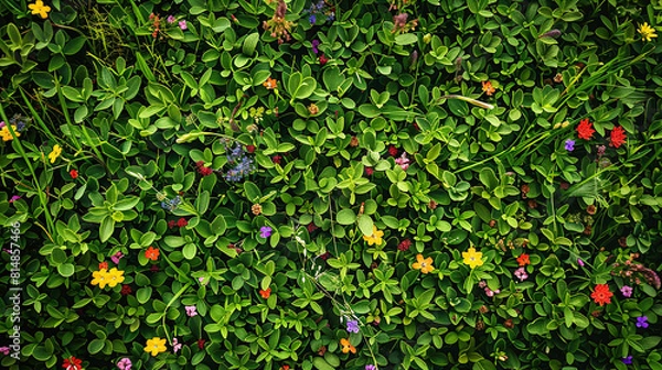 Fototapeta Green grass and flowers background texture. seamless background, top view, 