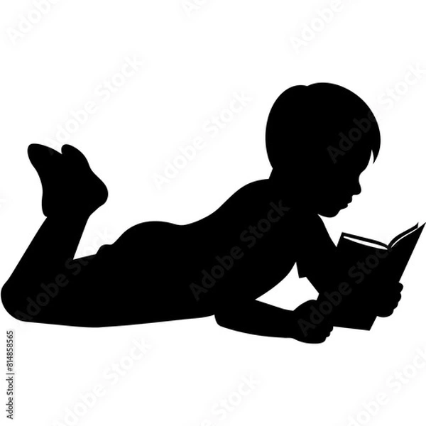 Obraz a boy reading book lay down on the ground vector silhouette, white background