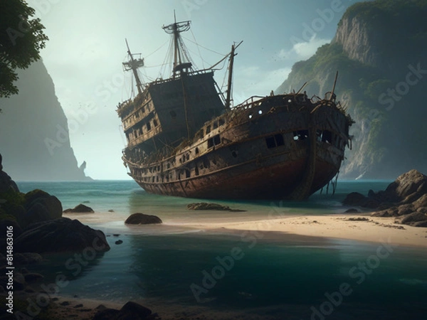 Obraz A wrecked ship lies abandoned on the shores of a deep island with no one around