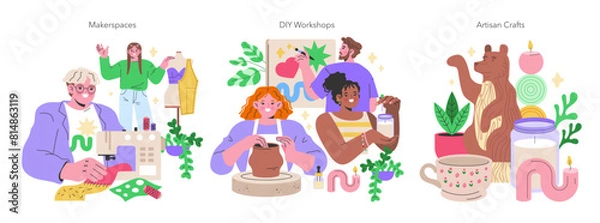 Fototapeta Maker Culture concept A vibrant showcase of makerspaces, DIY workshops, and artisan crafts, highlighting hands-on creativity and personal craftsmanship Vector illustration