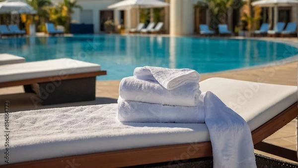 Fototapeta Towels on sun loungers near the pool vacation