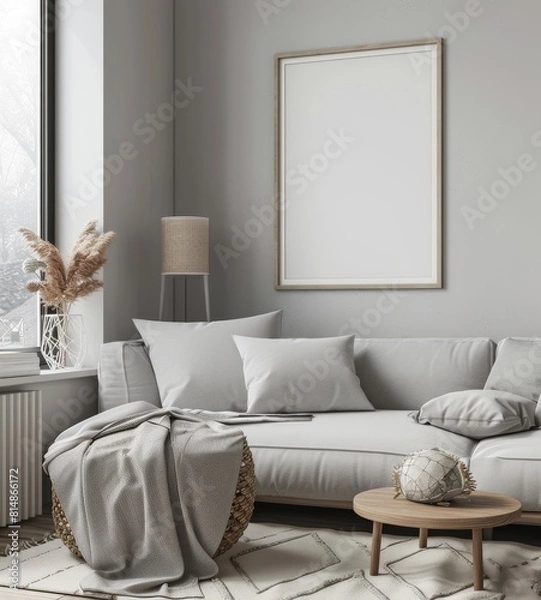 Fototapeta mock up poster frame in modern interior background, close up, living room, Scandinavian style, 3D render, 3D illustration.