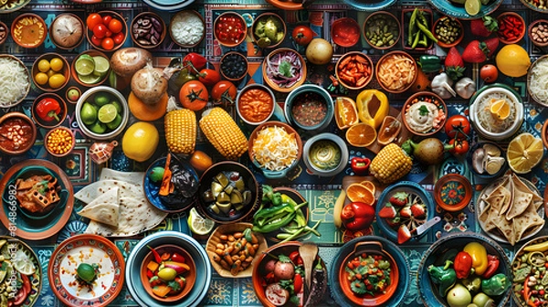 Fototapeta Vibrant and Appetizing Photo Realistic Street Food Fiesta Tiles Concept Featuring Colombian Street Food Illustrations   Festival Inspired Decor for Photo Stock Ideas